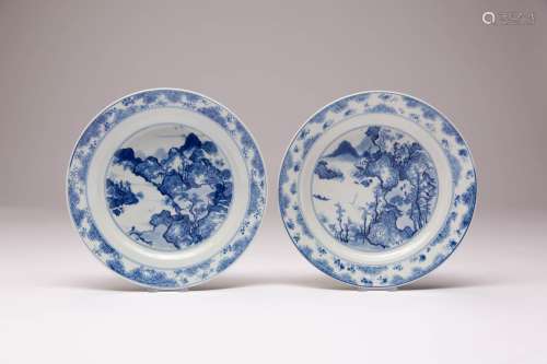 A PAIR OF CHINESE BLUE AND WHITE `MASTER OF THE ROCKS` DISHE...