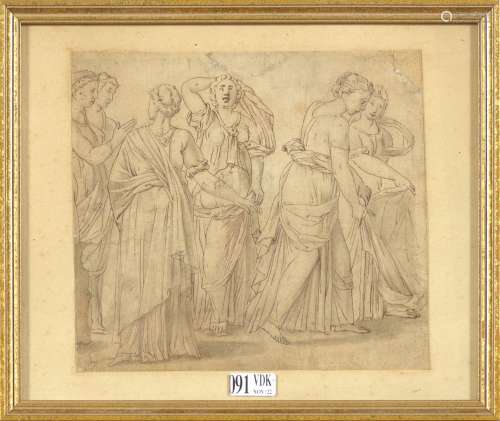 "Groupe de six femmes à l'antique" dessin à l'encr...