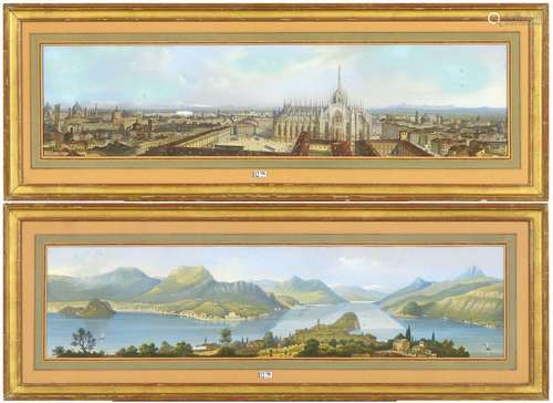 Lot de deux gouaches "Vue panoramique de Milan" et...