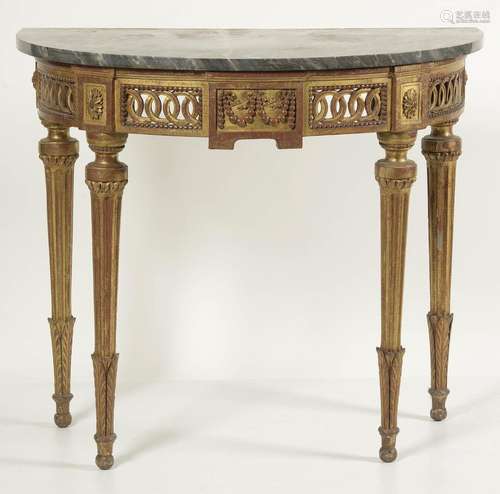 Console Louis XVI demi-lune quadripode en bois sculpté et do...