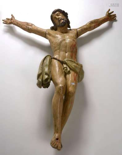 Imposant "Christ en croix" en chêne sculpté et pol...