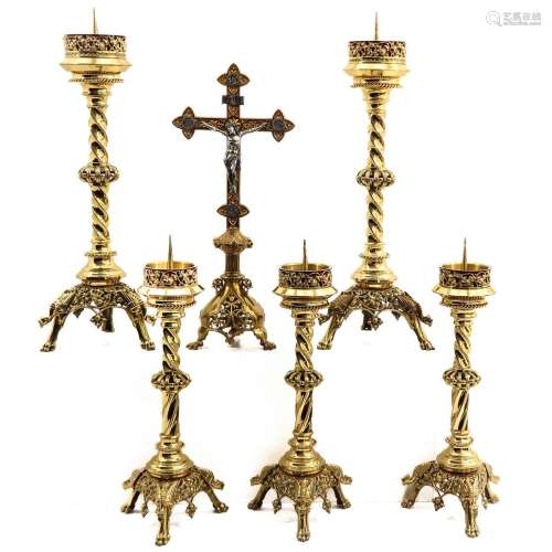 A 6 Piece Candlestick and Crucifix  Altar Set