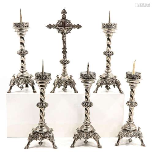 A 6 Piece Silver Plated Altar Set