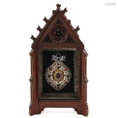 A Neo Gothic Vitrine Including Relic Holder and Cross Relic