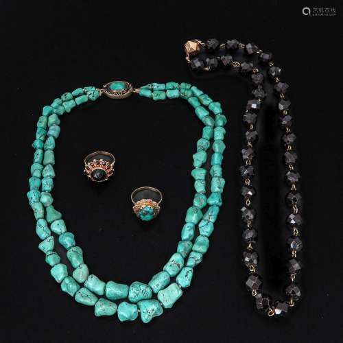 A Turquoise Necklace and Ring along with a Garnet Necklace a...