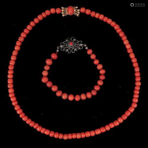 A Red Coral Necklace and Bracelet