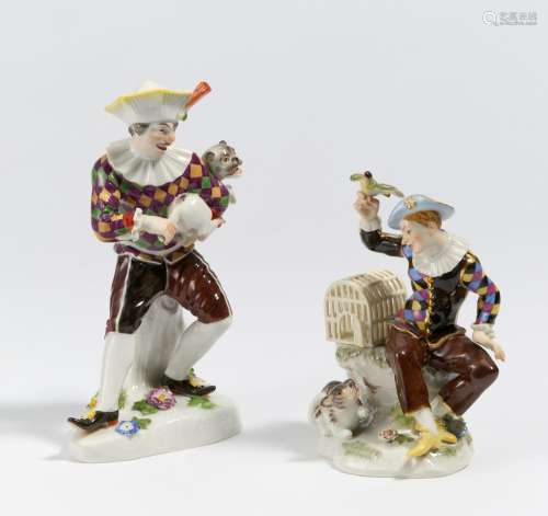 Harlequin with birdcage and harlequin with pug from Commedia...