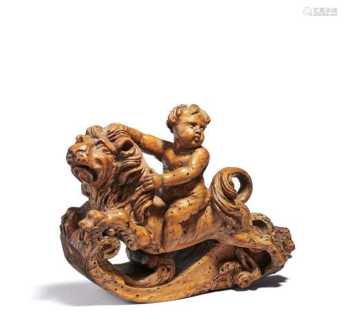 Small putto riding on lion