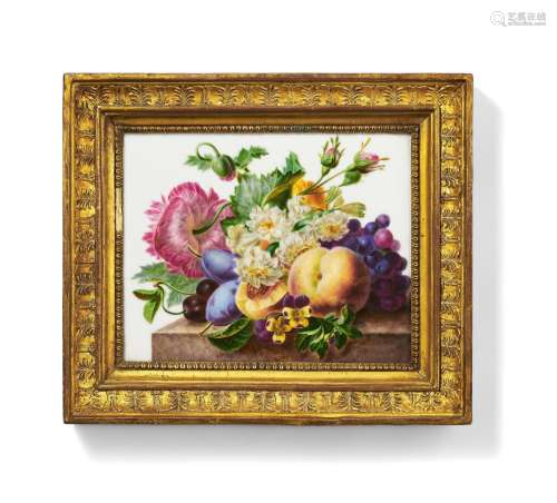 Porcelain painting showing still life with flowers and fruit...