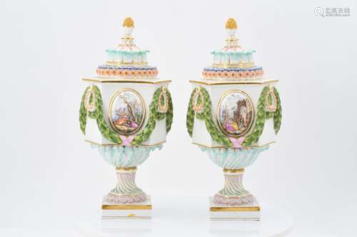 Pair of potpourri vases with harbor scenes