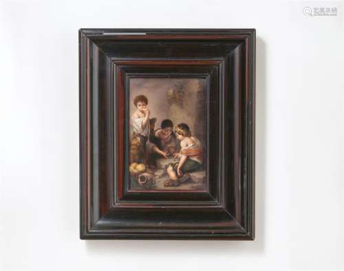 Porcelain painting of boys playing dice game