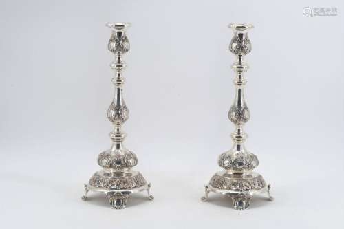 Pair of large candlesticks with baluster shaft