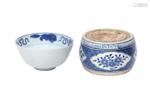 A CHINESE BLUE AND WHITE BOWL AND AN INKSTONE