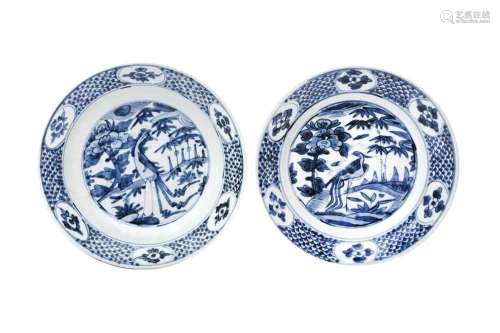 TWO CHINESE BLUE AND WHITE SWATOW `PHOENIX` DISHES
