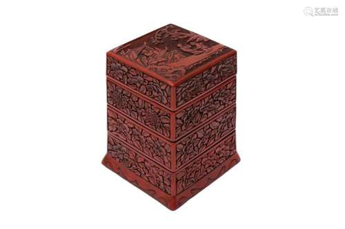A CHINESE CINNABAR LACQUER TIERED BOX AND COVER