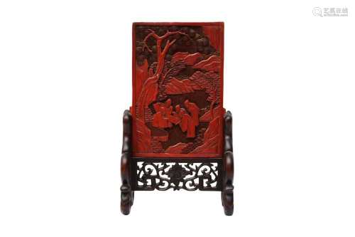 A CHINESE CINNABAR LACQUER `SCHOLARS` TABLE SCREEN