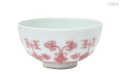 A CHINESE COPPER RED-DECORATED `LOTUS SCROLL` CUP