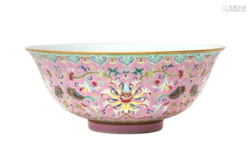 A CHINESE PINK-GROUND FAMILLE-ROSE `LOTUS AND FISH` BOWL