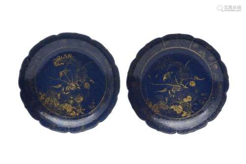 A PAIR OF CHINESE POWDER BLUE GILT-DECORATED DISHES