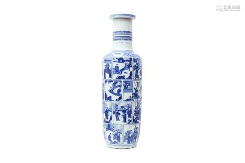 A LARGE CHINESE BLUE AND WHITE `FIGURAL` ROULEAU VASE