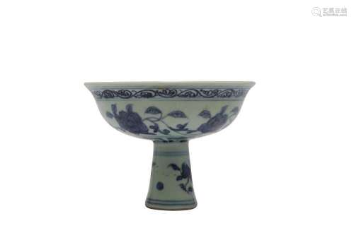 A CHINESE BLUE AND WHITE `PEONIES` STEM BOWL