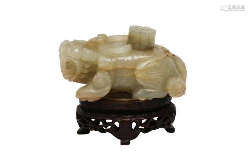 A CHINESE PALE CELADON JADE `MYTHICAL BEAST` WATER DROPPER