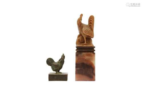 A CHINESE BRONZE `COCKEREL` SEAL TOGETHER WITH A SOAPSTONE A...