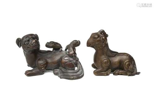TWO CHINESE BRONZE `MYTHICAL BEAST` PAPERWEIGHTS