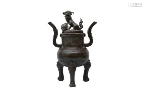 A CHINESE BRONZE TRIPOD INCENSE BURNER AND COVER
