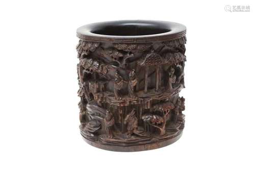 A LARGE CHINESE WOOD BRUSH POT, BITONG