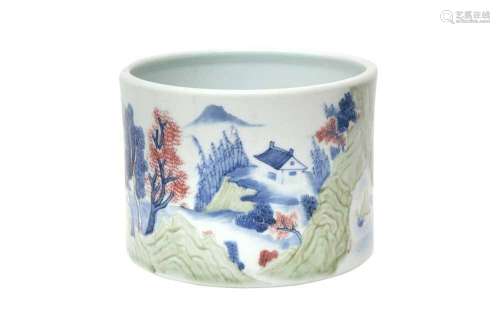 A CHINESE CELADON, COPPER-RED AND UNDERGLAZE-BLUE `LANDSCAPE...