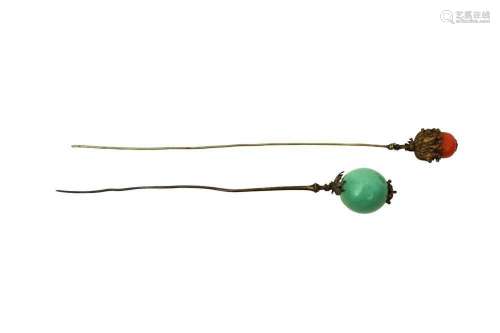 A CHINESE JADE AND GLASS HAT PINS