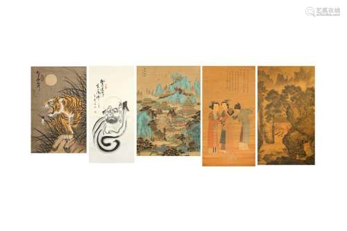 A GROUP OF FIVE CHINESE HANGING SCROLLS A Study of a Tiger; ...