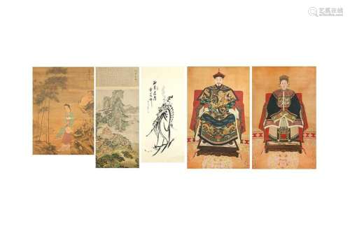 A GROUP OF FIVE CHINESE HANGING SCROLLS