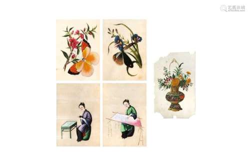 A GROUP OF FIVE CHINESE PITH PAPER PAINTINGS