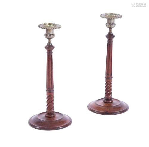 A PAIR OF GEORGE III MAHOGANY CANDLESTICKS, POSSIBLY SCOTTIS...