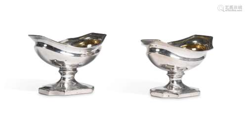 A PAIR OF GEORGE III SILVER SHAPED OVAL PEDESTAL SALTS, ABST...