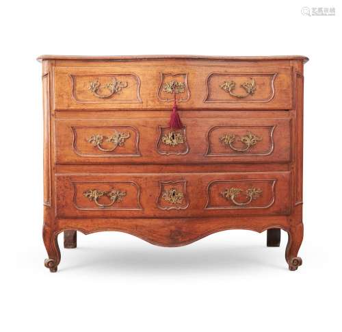 A LOUIS XV WALNUT SERPENTINE FRONTED COMMODE, PROBABLY PROVE...