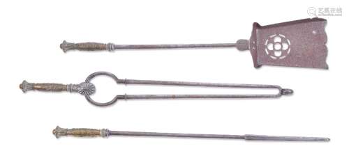 A SET OF THREE VICTORIAN BRASS AND STEEL FIRE TOOLS, SECOND ...