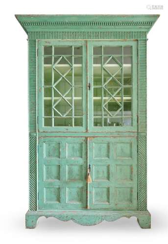 A GREEN PAINTED BOOKCASE OR KITCHEN CABINET,  20TH CENTURY