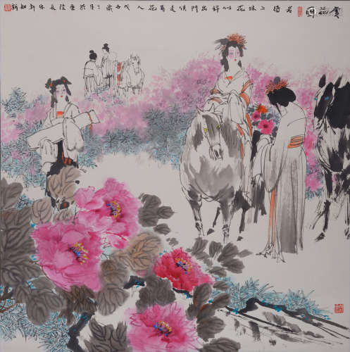 蔡知新 (b.1936)赏花图 设色纸本 立轴