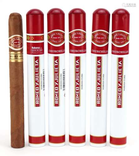 Five Habana Romeo y Julieta Churchill cigars with metal case...