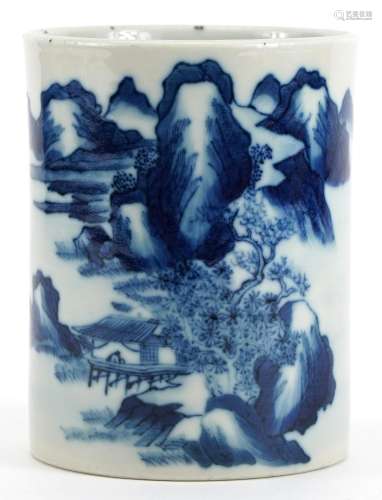 Chinese blue and white porcelain brush pot hand painted with...