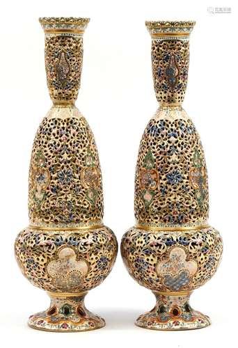 Zsolnay Pecs, large pair of Hungarian reticulated pierced va...