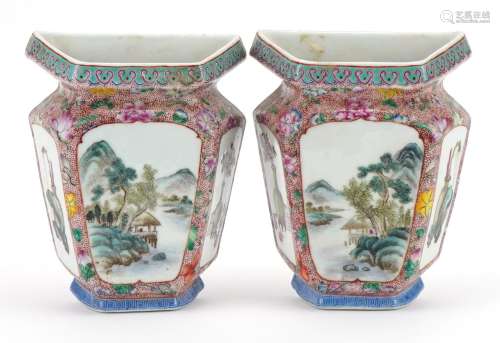 Pair of Chinese porcelain half vase wall pockets hand painte...