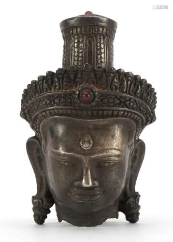 Chino Tibetan silvered metal bust of Buddha with red and gre...