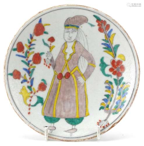 Turkish Kutahya pottery dish hand painted with a figure in t...
