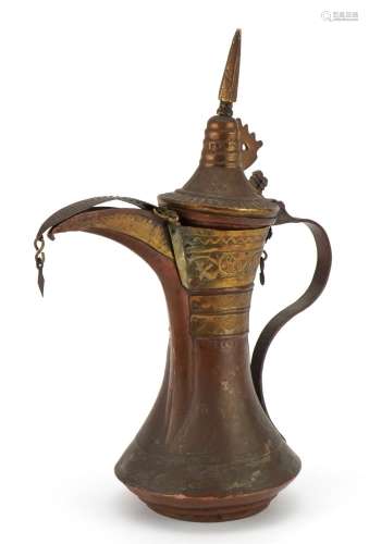Omani copper and brass dallah coffee pot, 28.5cm high