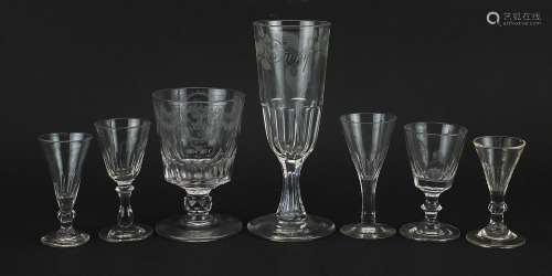 Seven antique glasses including an 18th century rummer with ...