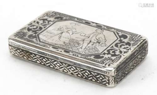 Unmarked silver niello work vesta, the hinged lid engraved w...